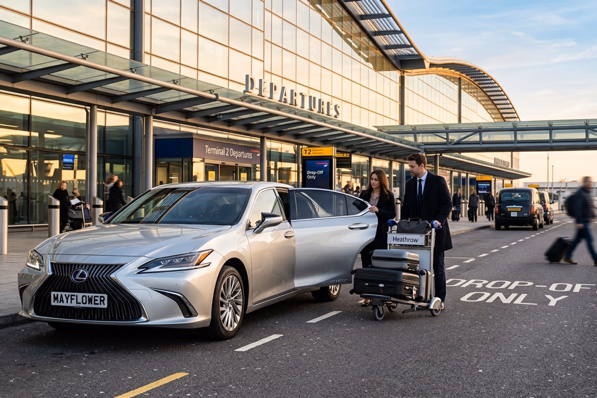 Silver Lexus executive car at UK airport departures drop-off zone