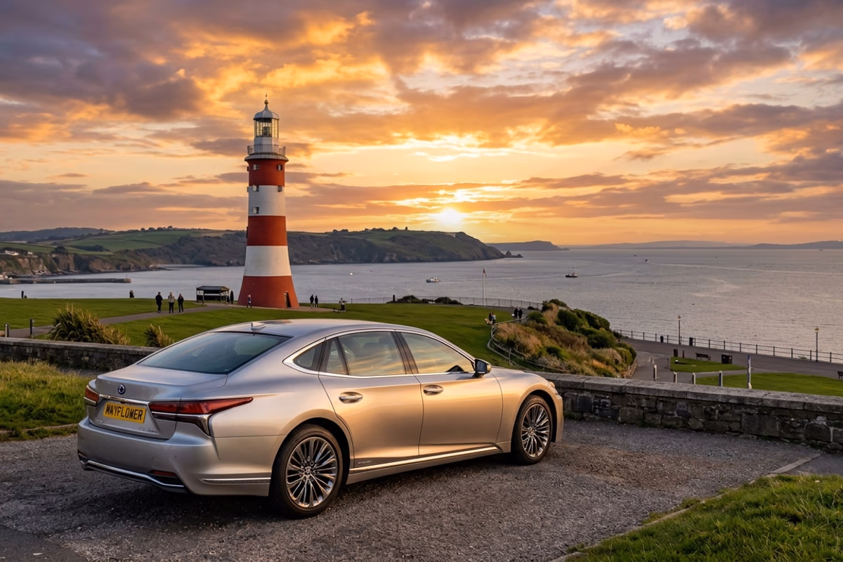 Silver Lexus parked at Plymouth Hoe with Smeaton's Tower lighthouse at sunset